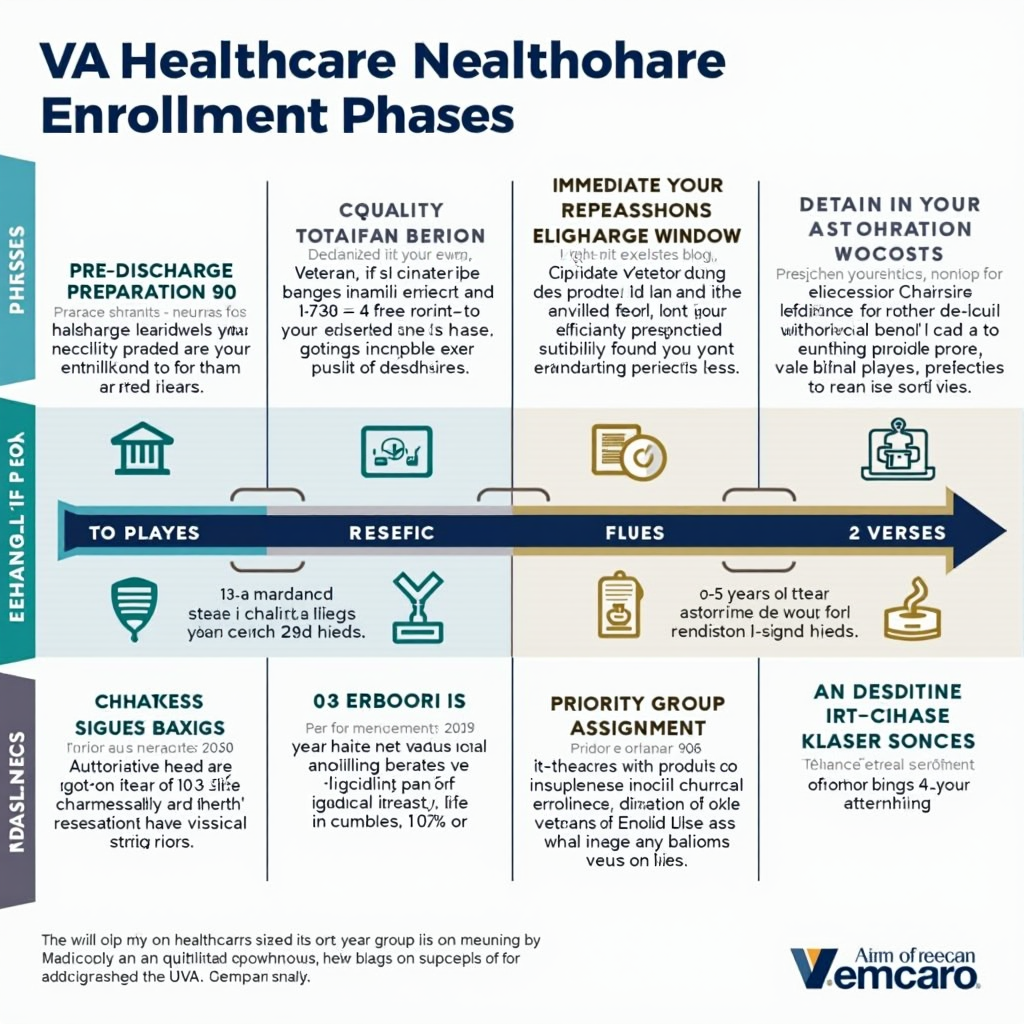 Comprehensive infographic displaying the VA healthcare enrollment timeline with five key phases: Pre-Discharge Preparation (90 days before separation), Immediate Post-Discharge Period (0-30 days), Enhanced Eligibility Window (0-5 years for combat veterans), Standard Enrollment Process (ongoing), and Priority Group Assignment. Each phase shows specific actions required, important deadlines, and available benefits. The infographic uses a horizontal timeline format with icons representing each stage, color-coded sections in navy blue and ceremonial gold, and clear callout boxes highlighting critical information such as the five-year enhanced enrollment period for combat veterans and the importance of applying within one year of discharge for optimal benefits.