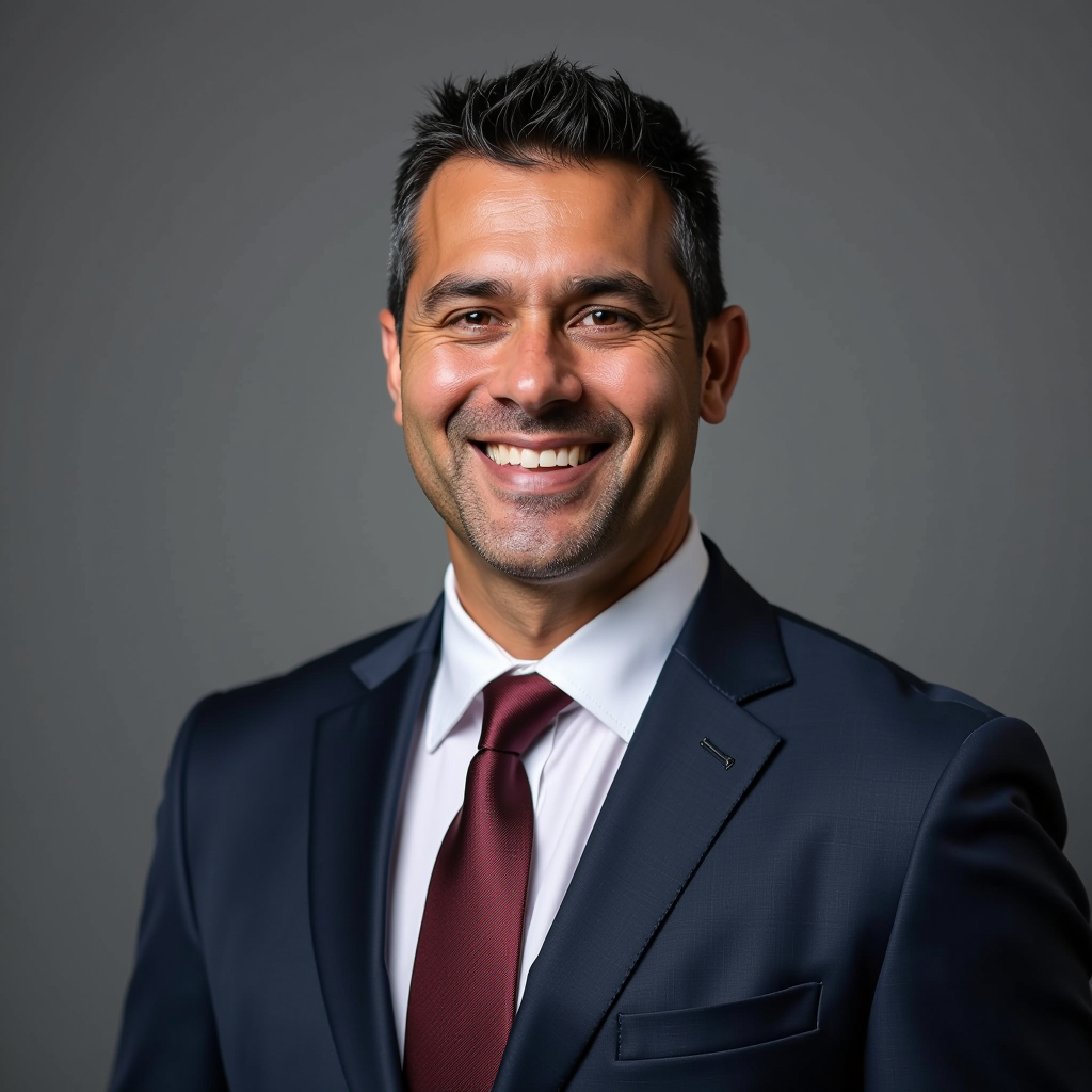 Professional headshot of James Martinez in business attire, a confident Hispanic male veteran in his mid-40s with short dark hair and a warm smile, wearing a navy blue suit and burgundy tie, photographed against a neutral gray background with professional studio lighting