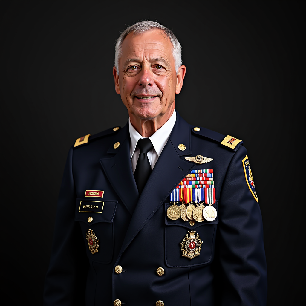 Portrait of Post Commander in formal veterans organization attire with service medals and insignia