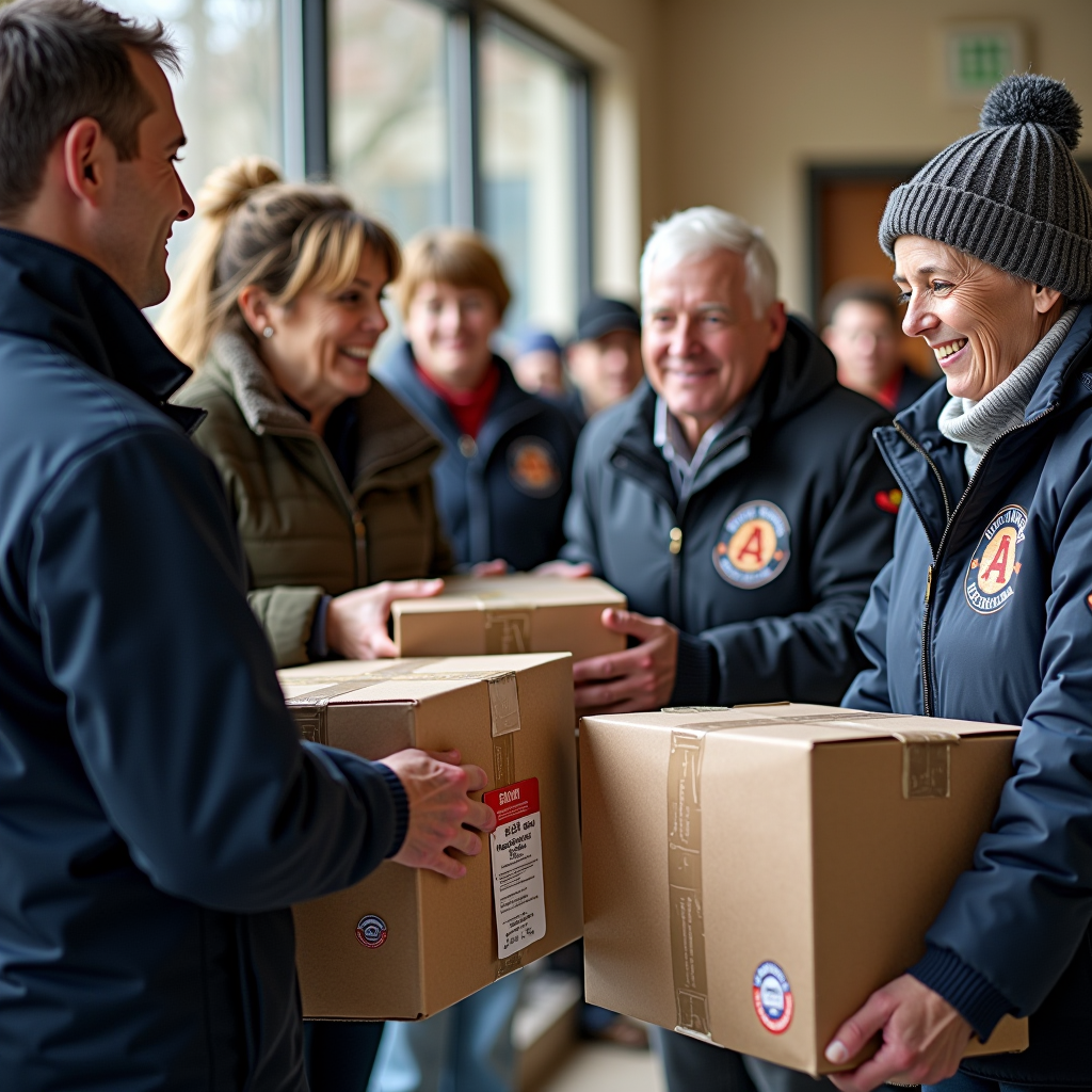 Group photo of smiling veteran families receiving winter assistance packages at community center, with volunteers in Athenia Veterans Post jackets distributing food boxes, blankets, and heating supplies