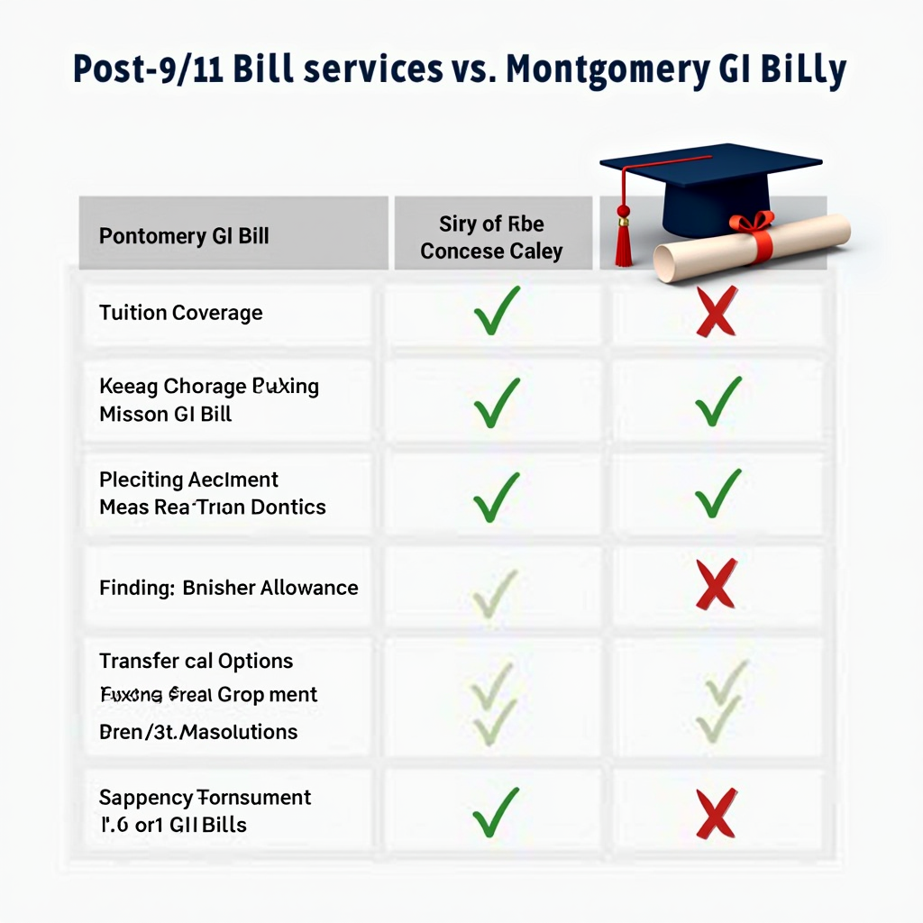 Detailed comparison chart showing Post-9/11 GI Bill versus Montgomery GI Bill benefits including tuition coverage, housing allowances, and transfer options, with graduation cap and diploma imagery