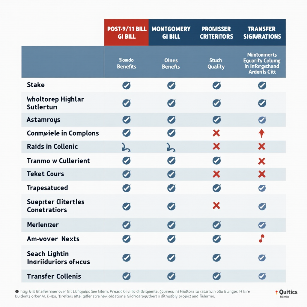 Detailed comparison chart showing different GI Bill programs including Post-9/11 GI Bill and Montgomery GI Bill with benefits breakdown, eligibility criteria, and transfer options displayed in organized columns