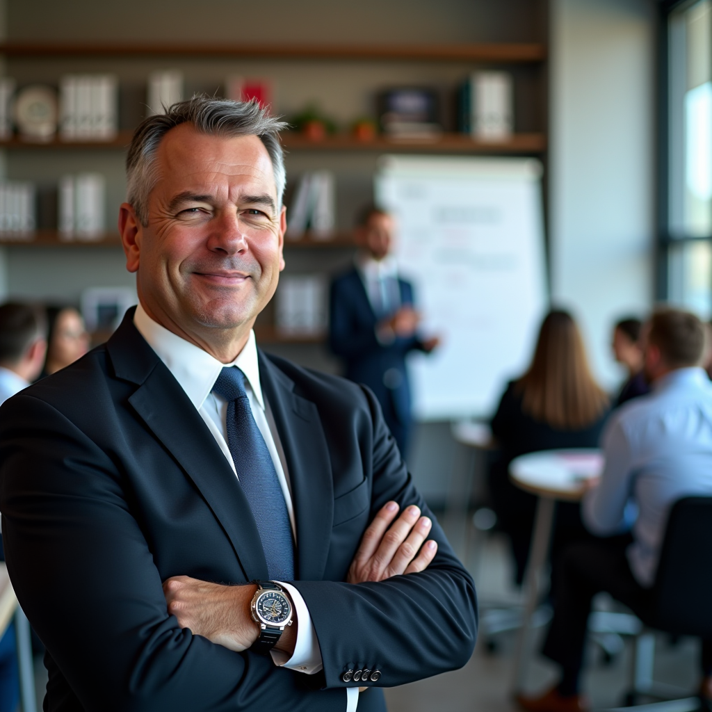 Professional headshot of veteran in business attire smiling confidently, alongside photo of career workshop with veterans attending job training seminar with presenter at whiteboard